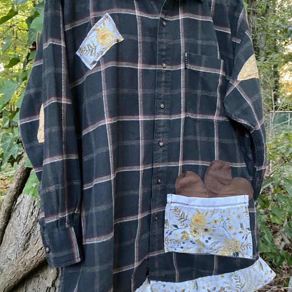 Flannel Shacket Medium Recycle Frayed Grunge Boho Hippie Patch Fall Shirt Jacket - Picture 8 of 8